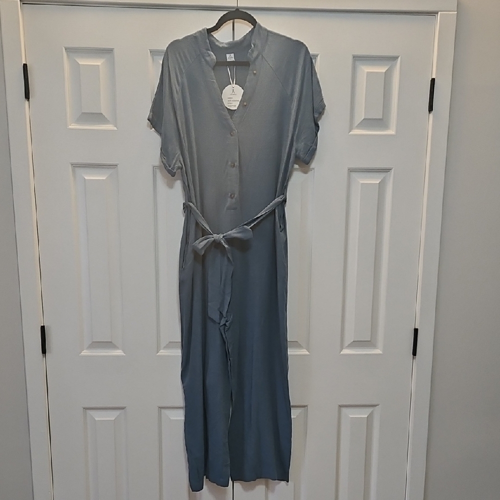 Anrabess Women's Light Blue Jumpsuit Button Front Wide Leg Womens L NEW